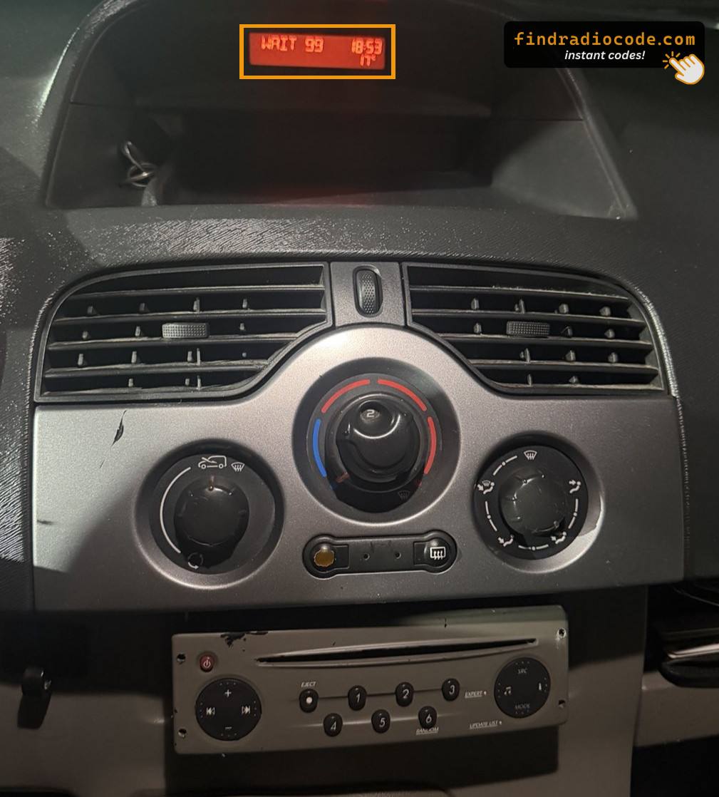 Renault Update List radio with WAIT 99 on the dashboard display